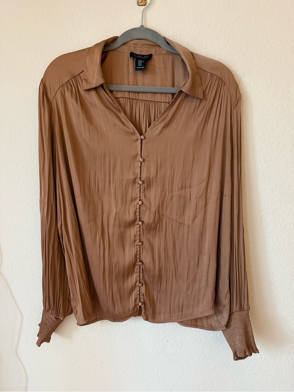 Rachel Zoe Chestnut Brown Button-Front Satin Blouse, XL